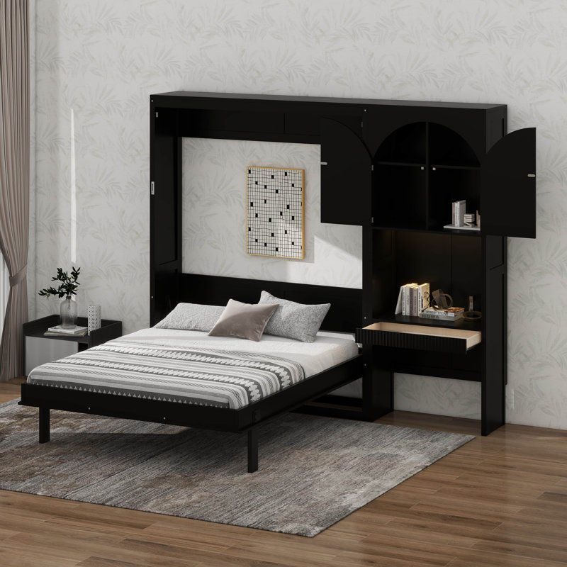 Élégant lit escamotable rabattable avec portes d'armoire décoratives arquées, casiers ouverts et tiroir de rangement escamotable