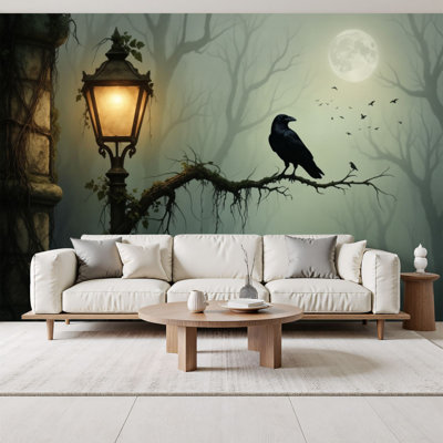 Peel and Stick Wallpaper Gothic Decor Vintage Dark Academia Horror Forest Black Crow Streetlamp Wall Murals 69"H x 96"W Removable PVC Wall Paper Self-Adhesive Wall Decor for Bedroom Living Room Home Office