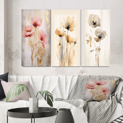 " Coral Vibrant Poppies " 3 - Pieces