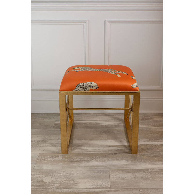 Scalamandre Upholstered Dining Bench, Clementine Orange/Antiqued Gold, Clementine Orange