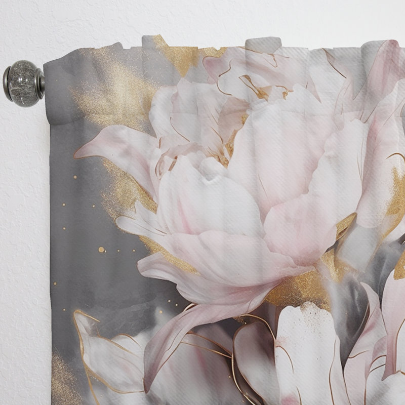 Rideau en velours floral - 1 panneau rose et gris pivoines Elegance II, L 52 po x L 63 po