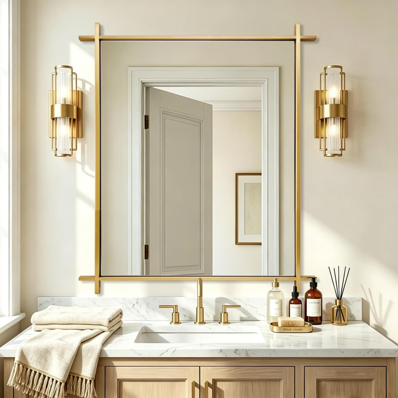 Vintage Cross Corner Rectangle Bathroom Vanity Mirror | Stainless Steel Frame, Brushed Gold, 36" x 30"
