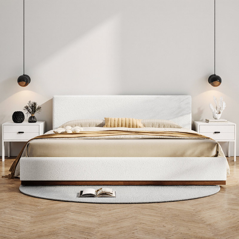 Grand lit tapissier classique avec système de support en bois massif, Grand lit