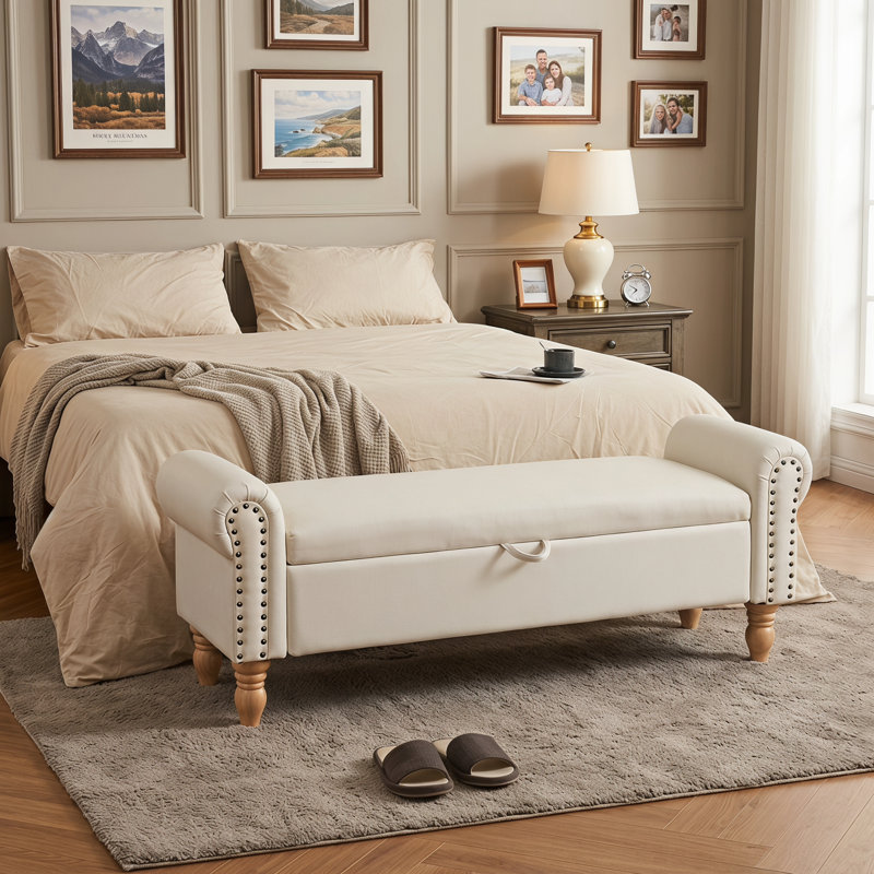 Repose-pieds avec siège de rangement - Siège rembourré en tissu avec pieds en bois massif et repose-pieds avec siège de rangement idéal pour les espaces de vie avec accoudoirs roulés; Foyer Beige