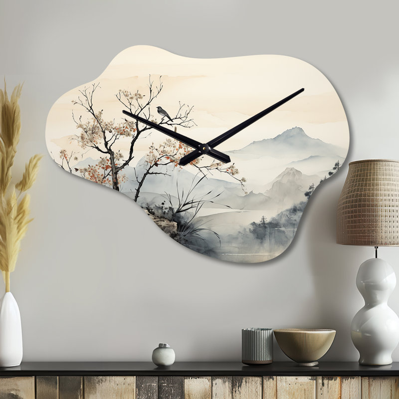 Art asiatique, Sumi oiseau Serenity, horloge murale asymétrique, Petit