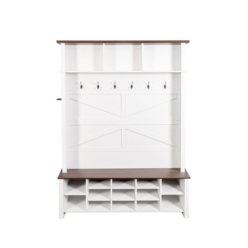 Farmhouse 4-in-1 Hall Tree with 6 Hooks, Walnut Entryway Bench with Shelves, White