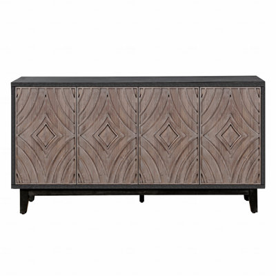 Mid Century Buffet Console Table, With Solid Wood Legs 60" Kitchen Storage Cabinet Credenza With 4 Convex Pattern Diamond Doors And 2 Shelves For Livi