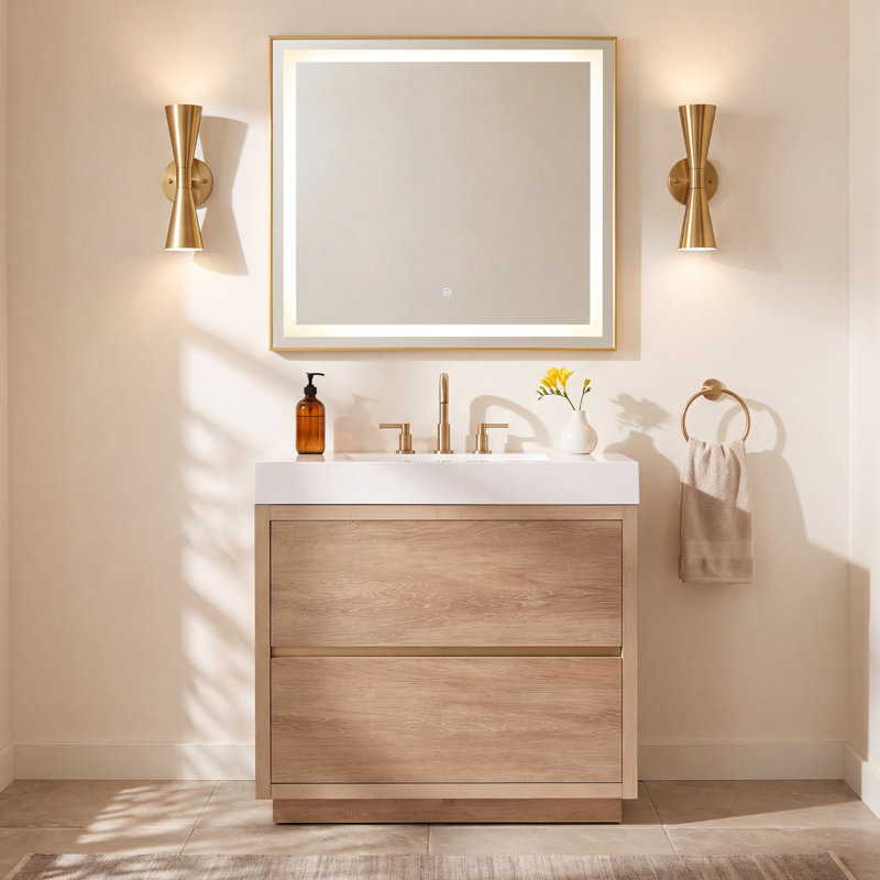 Beira Single Bathroom Vanity with Composite Top, North American Oak, White, 36"