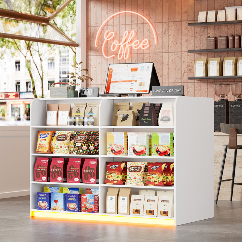 Bureau de réception avec comptoir pour la vente au détail et la caisse, comptoir de réception avant moderne avec tiroirs et tablettes ouvertes, comptoir de vente au détail avec rangement pour comptoir, salon de beauté, boutique, bar, blanc