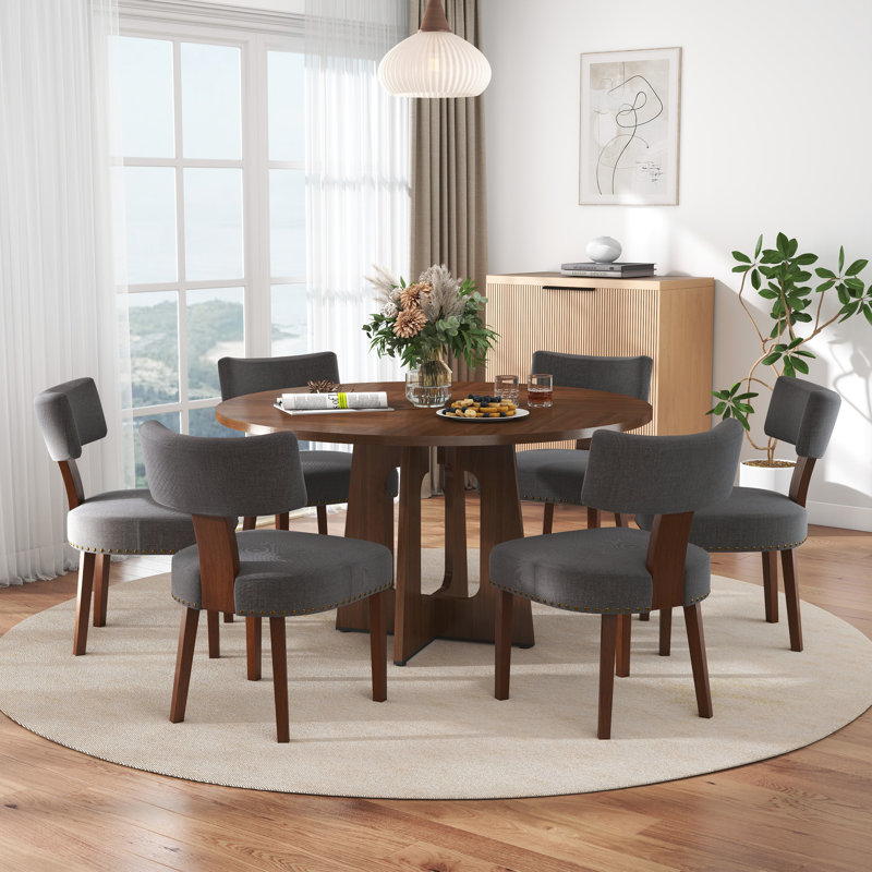 Table de salle à manger ronde 47,24 po en bois aggloméré avec chaises en lin tissé 4/6 po, Farmhousefor Kitchen, Noyer, Noir