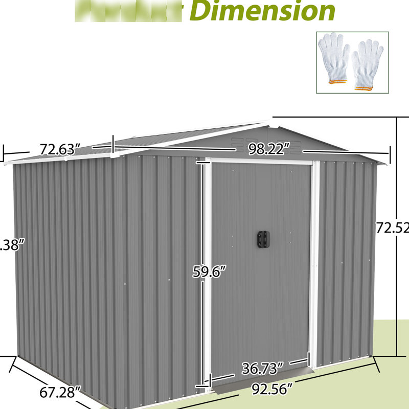 8x6 Ft Metal Outdoor Shed With Lockable Doors - Galvanized Steel For All Weather In Garden, Patio, Backyard, Lawn, Gray Sound Absorbing Material Rustproof And