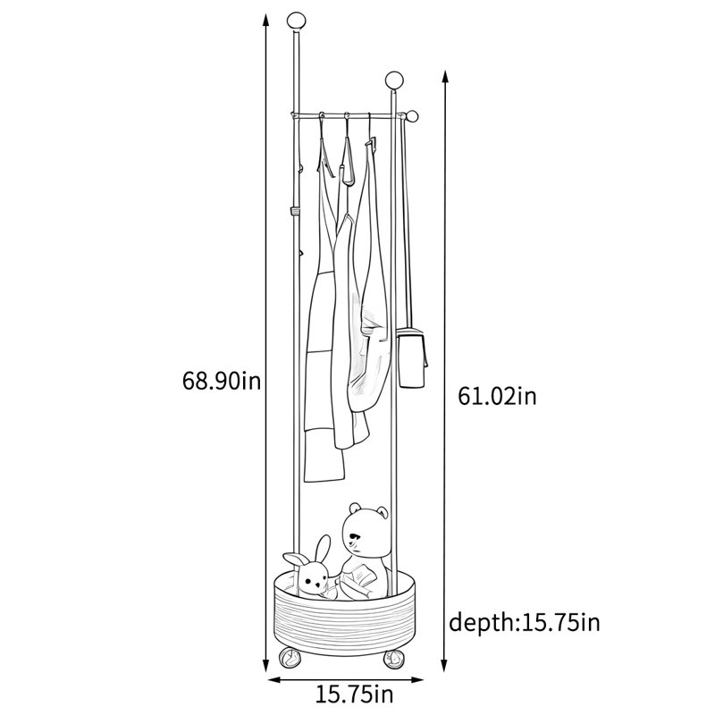 Hook Coat Rack with Lockable Wheels & Storage, Ivory