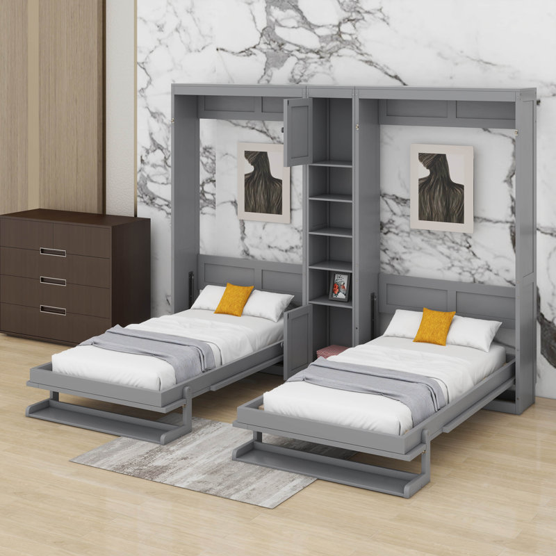 Double lit escamotable mural simple avec armoires et tablettes, cadre escamotable avec pieds convertibles et unité de rangement centrale