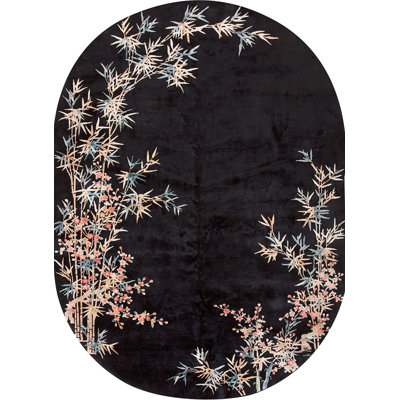 Lush Wool Pile Antique Chinese Art Deco Black Color Oval Shape Rug