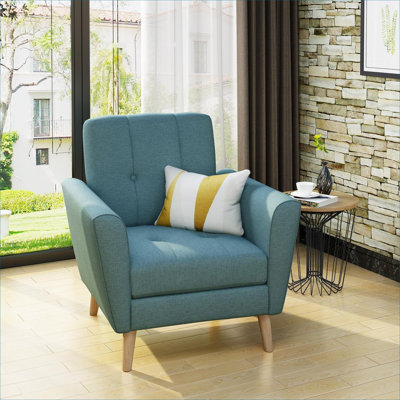 Fauteuil club rembourré en tissu d'ameublement bleu moyen Mid Century