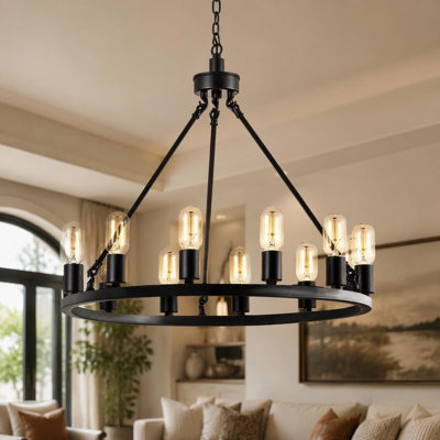 12 Lights Large Black Wagon Wheel Chandelier Farmhouse Rustic Industrial Hanging Light Fixture for Living Room Dining Room Stairway Entryway 24.2 inch