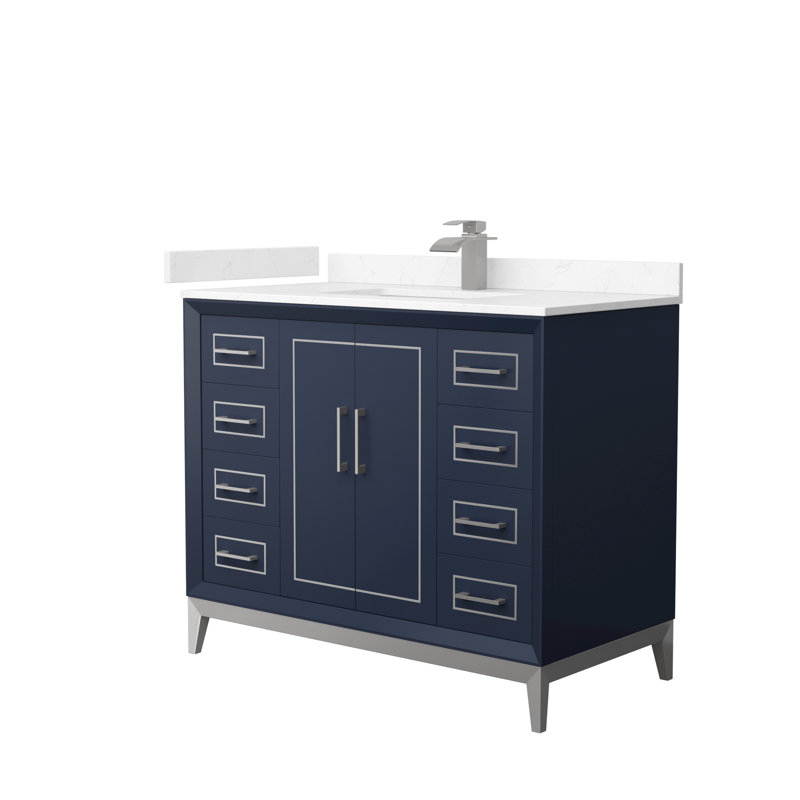 42'' Single Bathroom Vanity with Cultured Marble Top, Brushed Nickel, Dark Blue, Carrara Cultured Marble