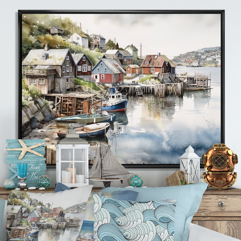 Petite ville, port de Norvège I - impression sur toile, H 30 po x l 40 po x P 1,5 po, Toile avec cadre flottant noir
