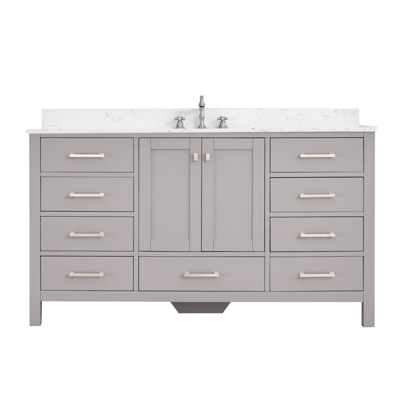 Meuble-lavabo simple Angela 60 po L x 22 po P avec comptoir en quartz, Gris