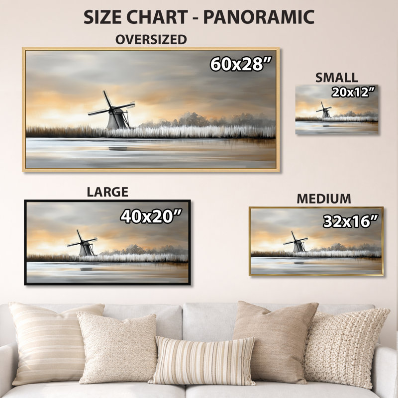 Blanc, jaune, hiver, coucher de soleil, moulin à vent - impressions sur toile, art mural nordique encadré, H 28 po x l 60 po