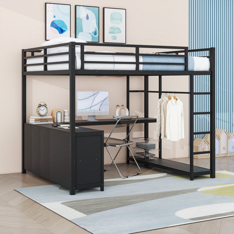 Lit mezzanine moderne en métal avec bureau intégré et tablettes, Grand lit, Noir