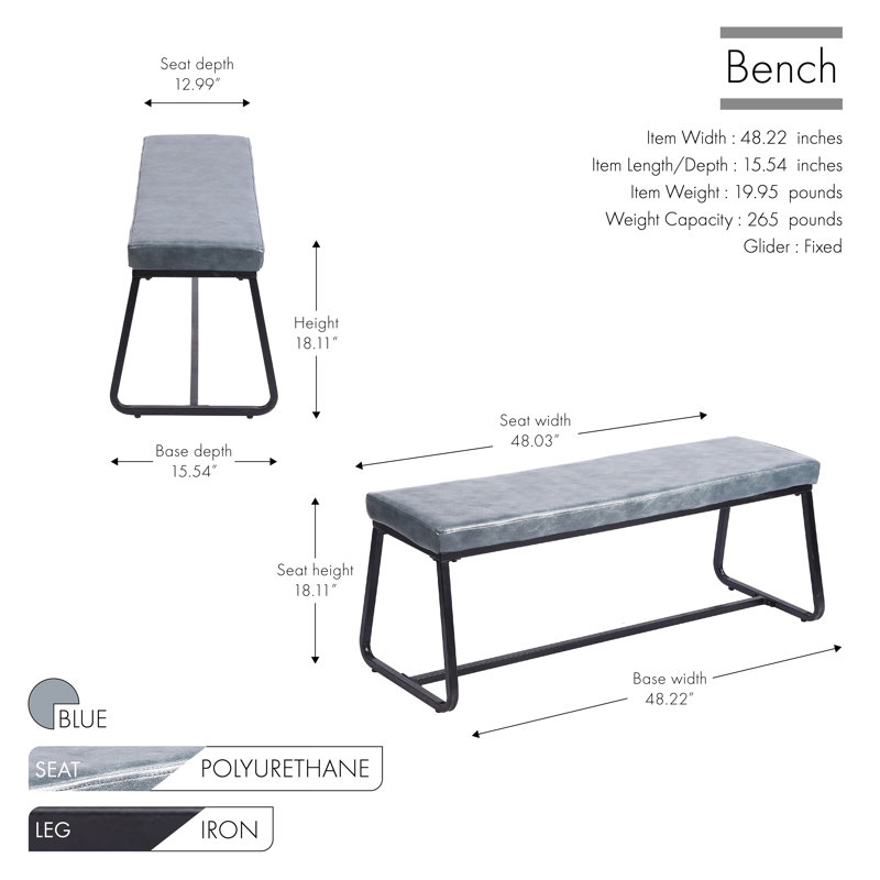 Banc rembourré en similicuir Audet, Bleu et noir, H 18,11 po x l 48,22 po x P 15,54 po