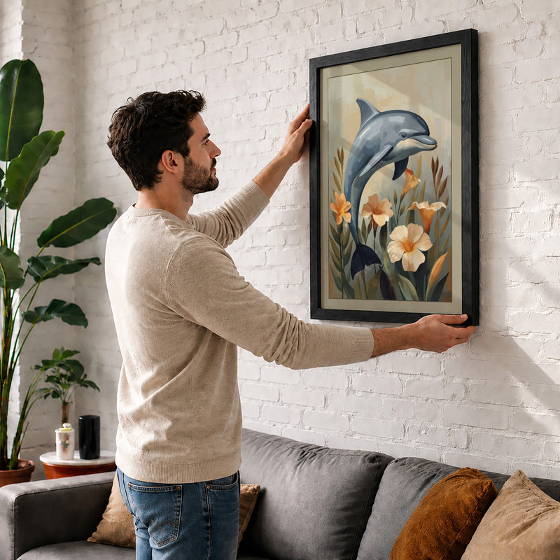Leaping Dolphin with Poppies Coastal - Framed Print, A1 - 84.1 x 59.4 cm, White