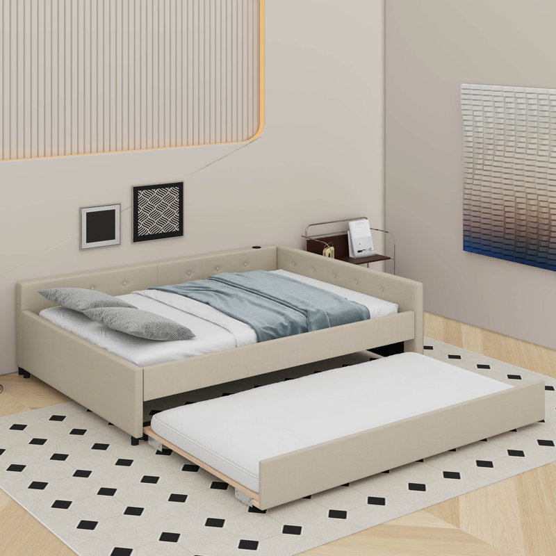 Upholstered Platform Bed With USB And Trundle, Full / Double