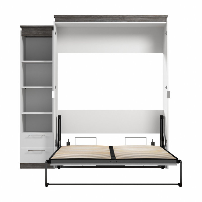 Grand lit escamotable Ailé et étagère étroite avec tiroirs (85 W), Blanc
