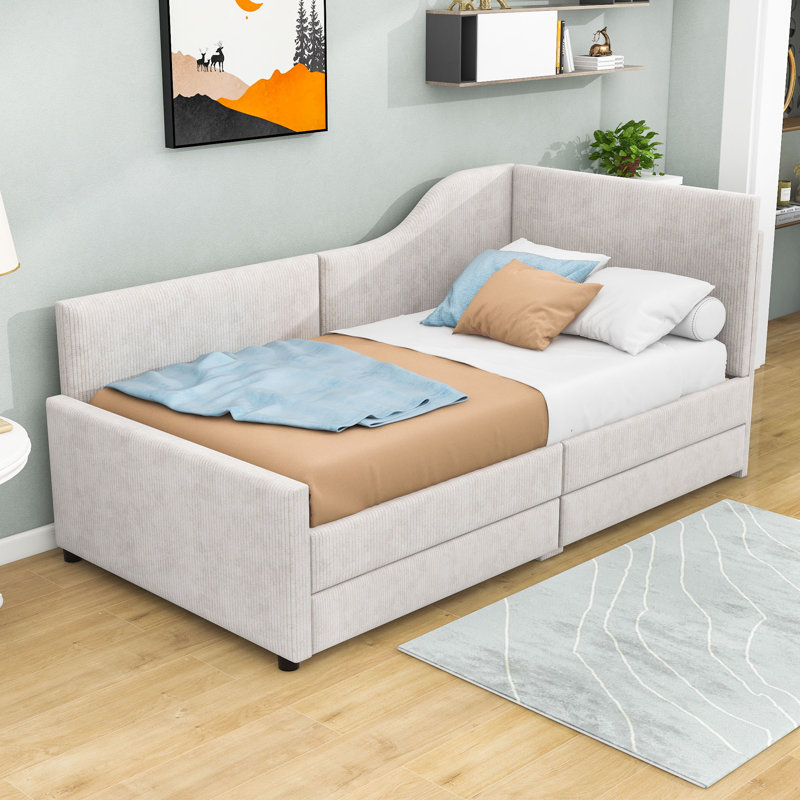 Garwood Twin Size L-Shaped Corduroy Upholstered Daybed with 2 Drawers, Beige