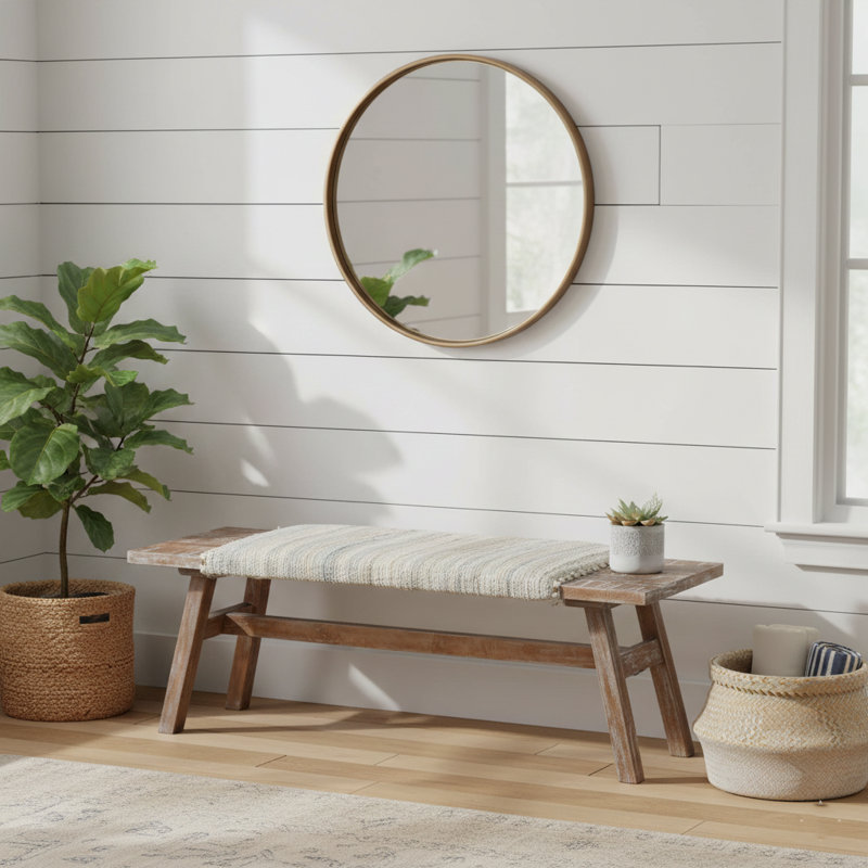 Branford Handmade Upholstered White-Washed Mango Wood Entryway Accent Bench