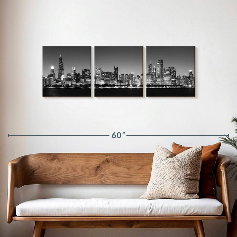 Noir Chicago Skyline, 3 pièces, H 15 po x l 47 po x P 1,25 po