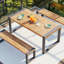Table de salle à manger d'extérieur 3 pièces avec 2 bancs, ensemble de salle à manger de patio à texture unique, plateau en bois d'acacia et structure en acier, pour toutes les saisons