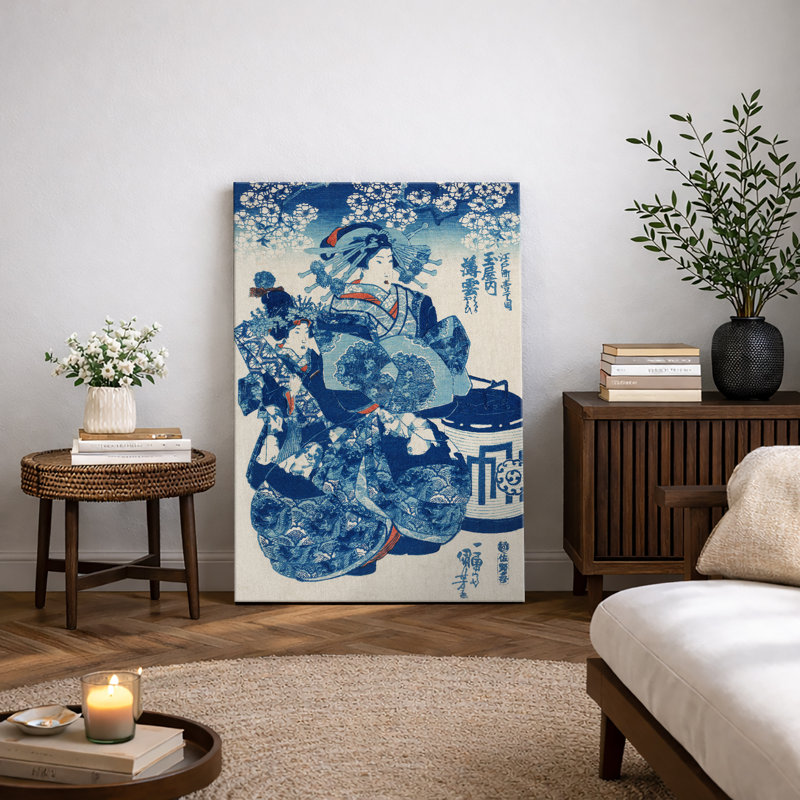 «Elegant Courtesans in Blue Kimono Ukiyo-e», reproduction d'art d'époque Edo, impression sur toile encadrée, Toile tendue