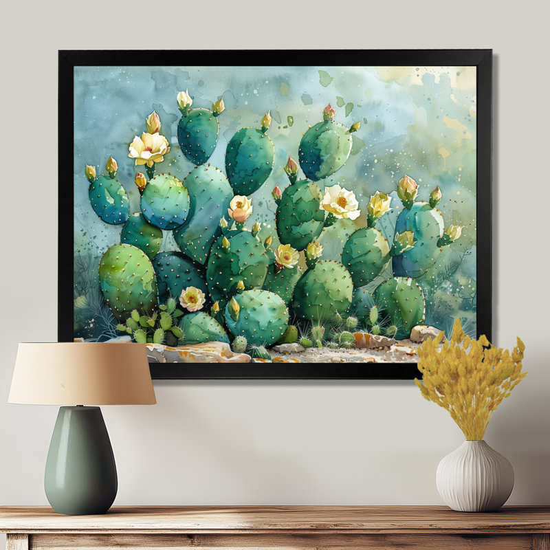 Vert, jaune, désert, jardin de cactus III - art mural floral cactus, Toile encadrée noire simple, H 16 po x l 32 po x P 1 po