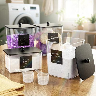 4-Piece Laundry Room Organization Set with Black Wooden Lids, Clear Acrylic Storage Jars, Dryer Sheet Holder & Labels