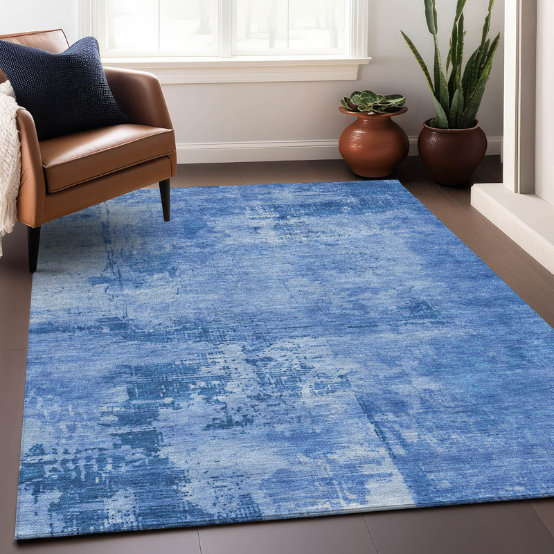 Navy Abstract Synthetic Washable Rectangular Rug 3' x 5'