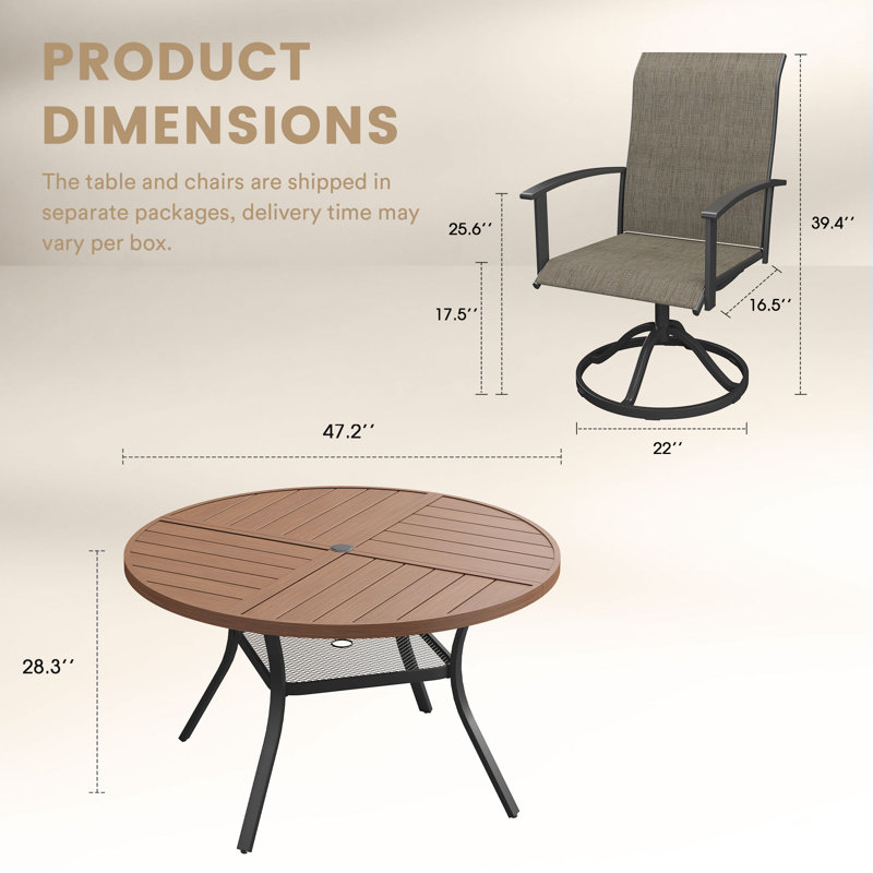 4-Person Outdoor Round Patio Dining Set With Swivel Chairs, Walnut/Black/Brown