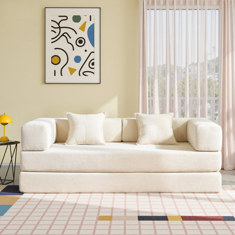 Folding Sofa Bed 160cm King Size, Convertible Modular Sofa, Corduroy Boneless Couch with Metal Frame, White