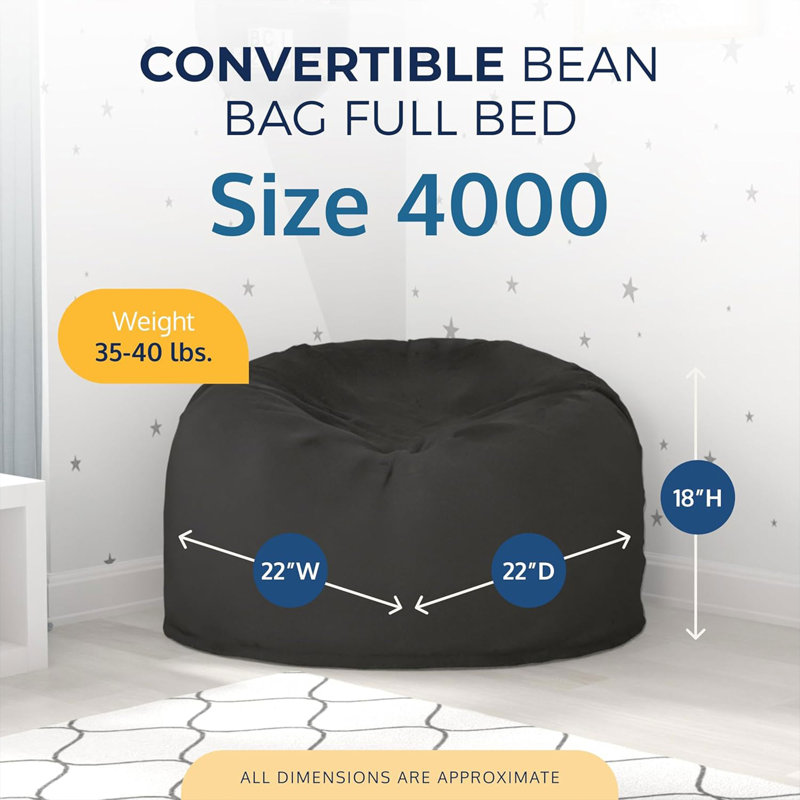 Bean Bag Chair and Footstool, Oversized Lounger, 22" H x 22" W x 22" D, Charcoal Faux Fur
