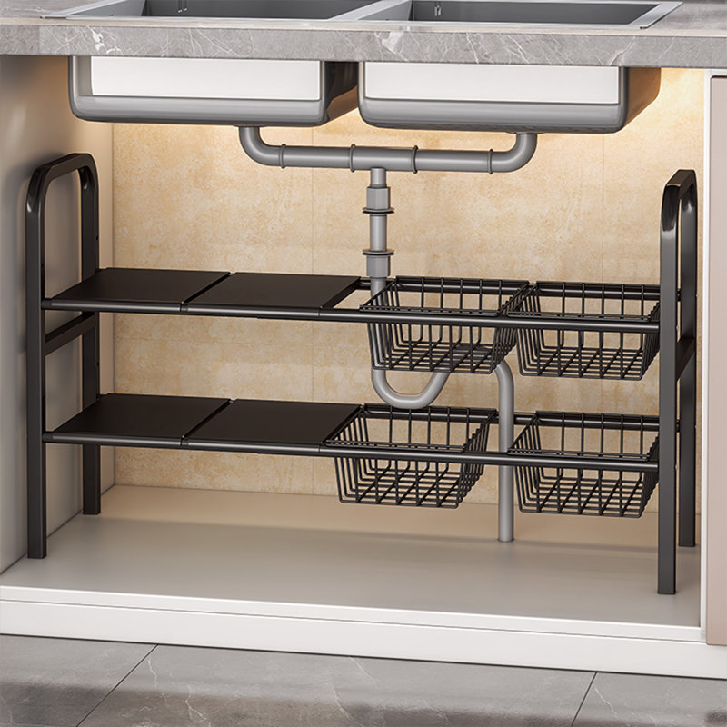Organisateur extensible sous l'évier à 2 niveaux, support de rangement réglable pour armoires de cuisine avec paniers amovibles, tablette en métal pour éviers, assiettes et assaisonnements