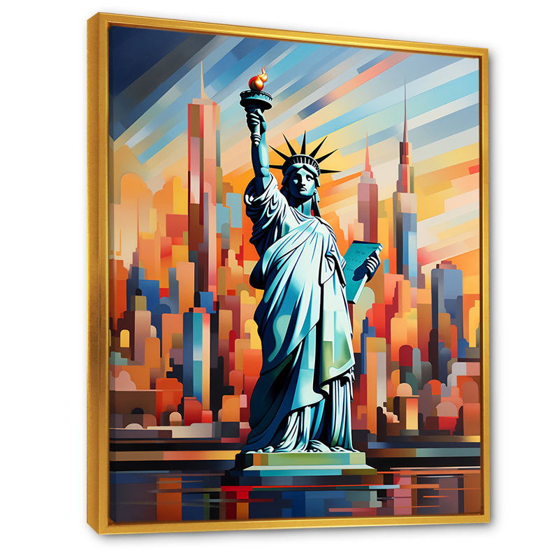 Statue cubiste de la liberté NYC I, Cadre flottant doré, H 40 po x l 30 po x P 1,5 po