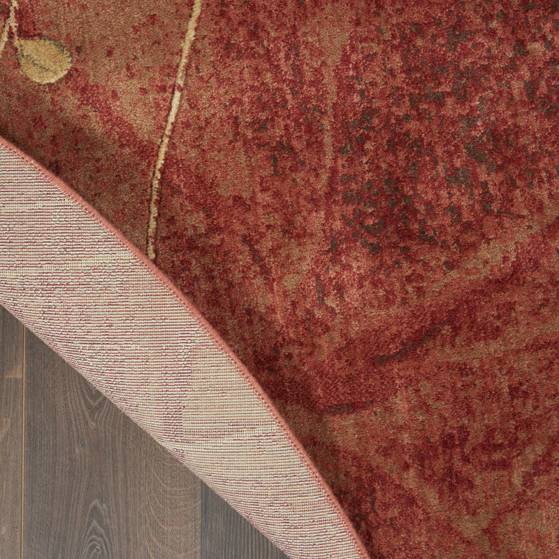 Tapis à motif floral rouge flamme / brun Arnim, Rond 5 pi 6 po