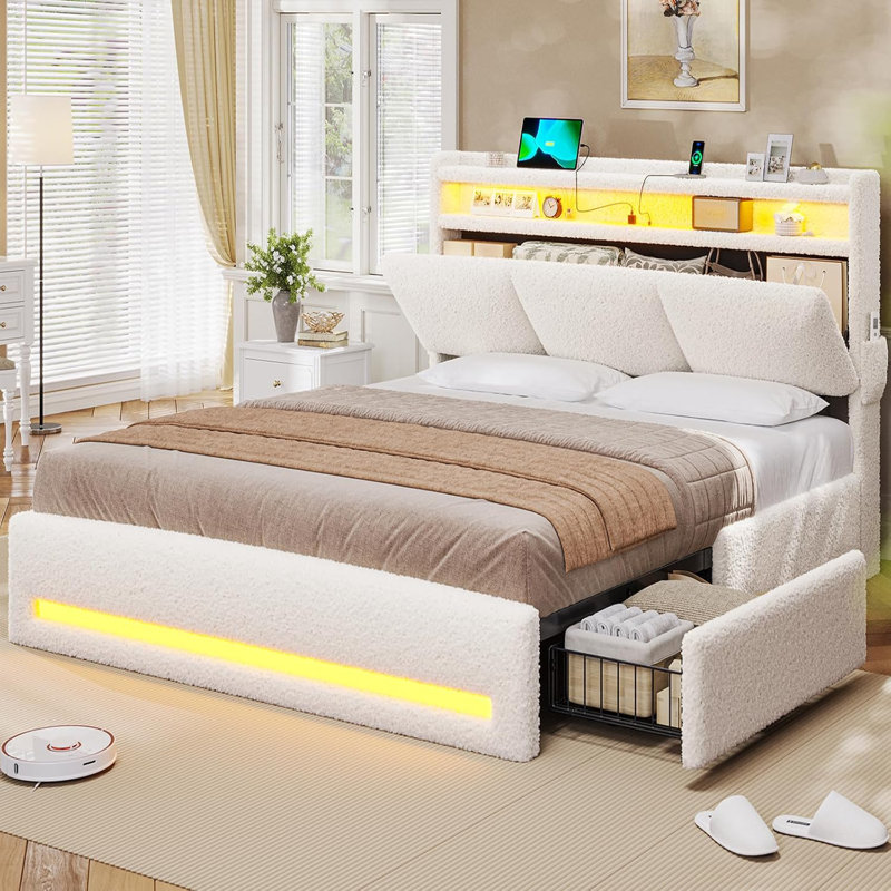 Upholstered Platform Storage Bed, Queen, Cream White