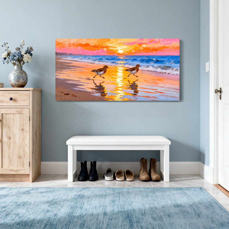 Animaux, coucher de soleil, plage, oiseaux, réflexion, vagues de l'océan, H 16 po x l 32 po