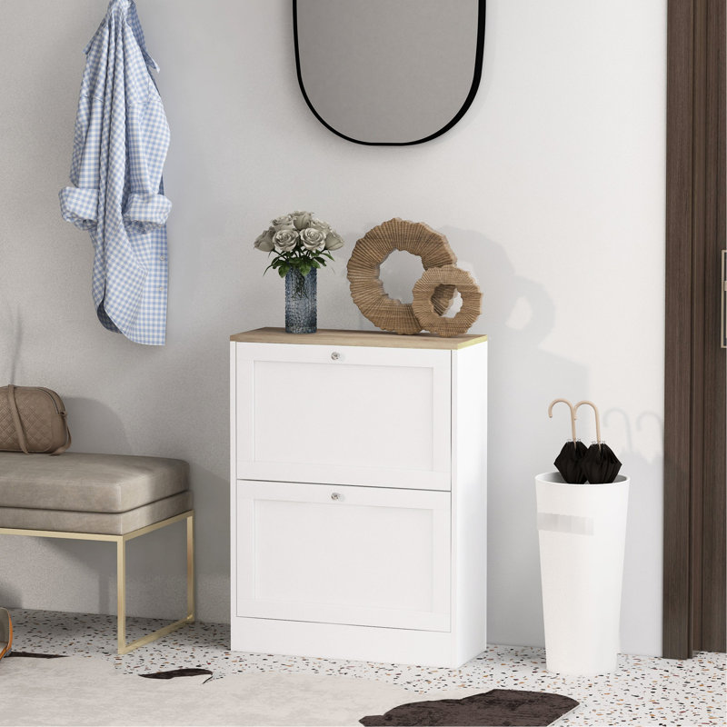 Range-chaussures pour hall d'entrée - blanc, 2 tiroirs rabattables et tablettes réglables, peut accueillir 12 paires, design moderne mince pour les tiroirs, blanc tendance