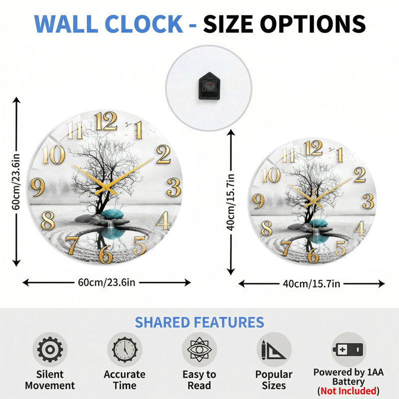 Horloge murale décorative en verre Zen Garden, 60 x 60 cm (23,6 x 23,6 pouces)