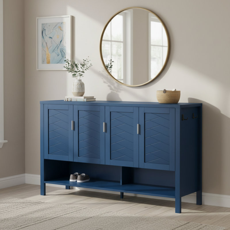This Modern-Style Four-Door Storage Sideboard Also Functions As A Dining Sideboard. It Features A Combination Of Open And Adjustable Shelves, Along With Double Hooks, Making It Suitable For Various Settings.