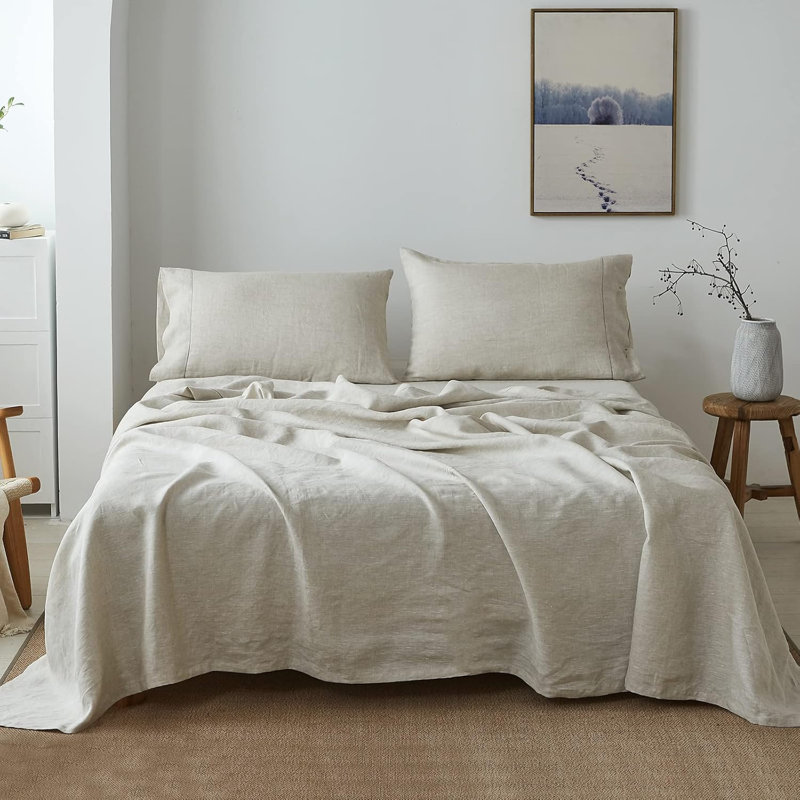 100% French Linen Sheet Set Handmade Hemstitch-4 Pcs Natural Flax Farmhouse Bed Sheets(1 Flat Sheet 1 Fitted Sheet 2 Pillowcases)