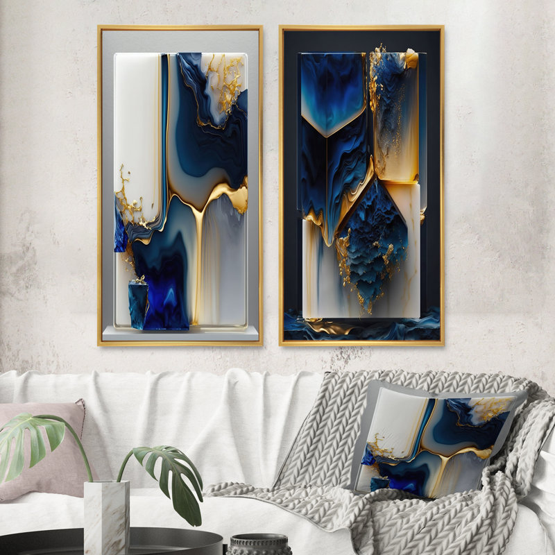Ensemble de 2 toiles d'art en forme de géode abstraite dorée et bleue, H 32 po x l 32 po, Impression encadrée, Gold